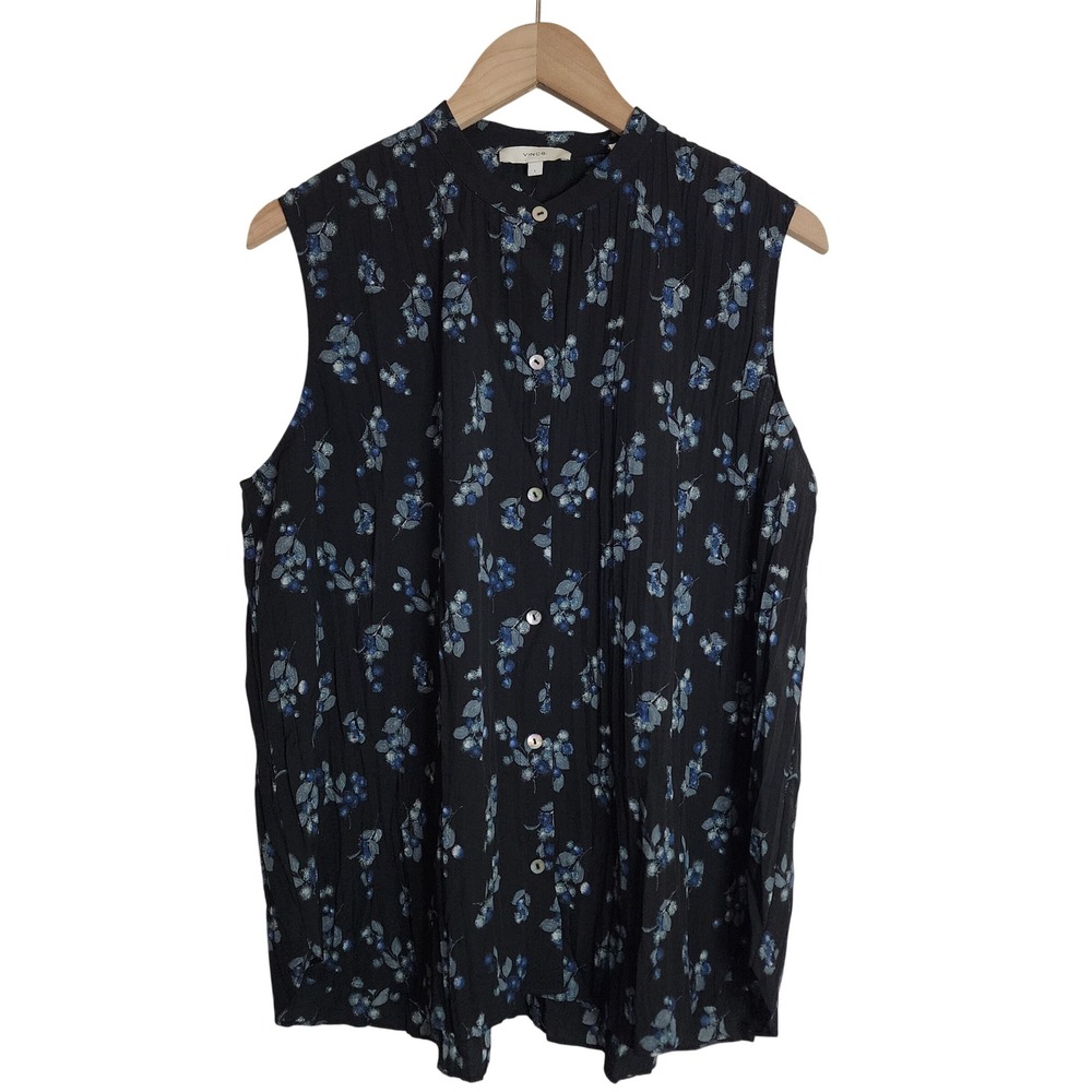 Vince Sleeveless Blouse Womens Large Black Blue Floral Button Up Pleated Top
